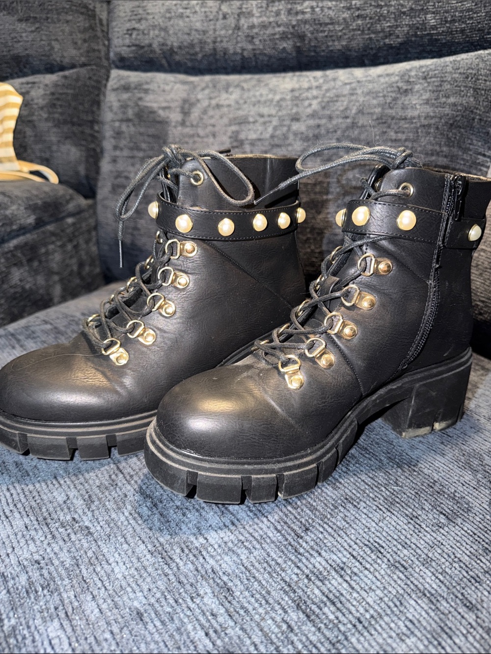 MIA Black Lace-Up Studded Lug Heel Boots